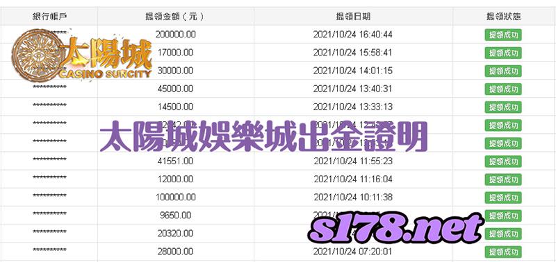 太陽城娛樂城玩家出金明細，優良信譽誠信為最